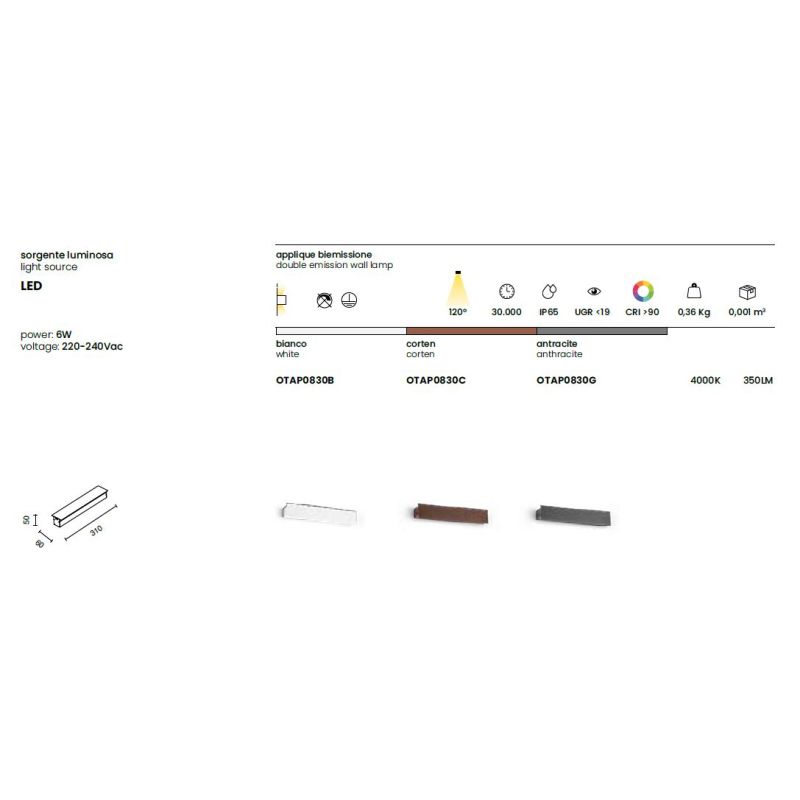 SIMBA APPLIQUE DA ESTERNO 2 MISURE IP65 LED LUCE 4000K BIEMISSIONE CORTEN O ANTRACITE MODERNA