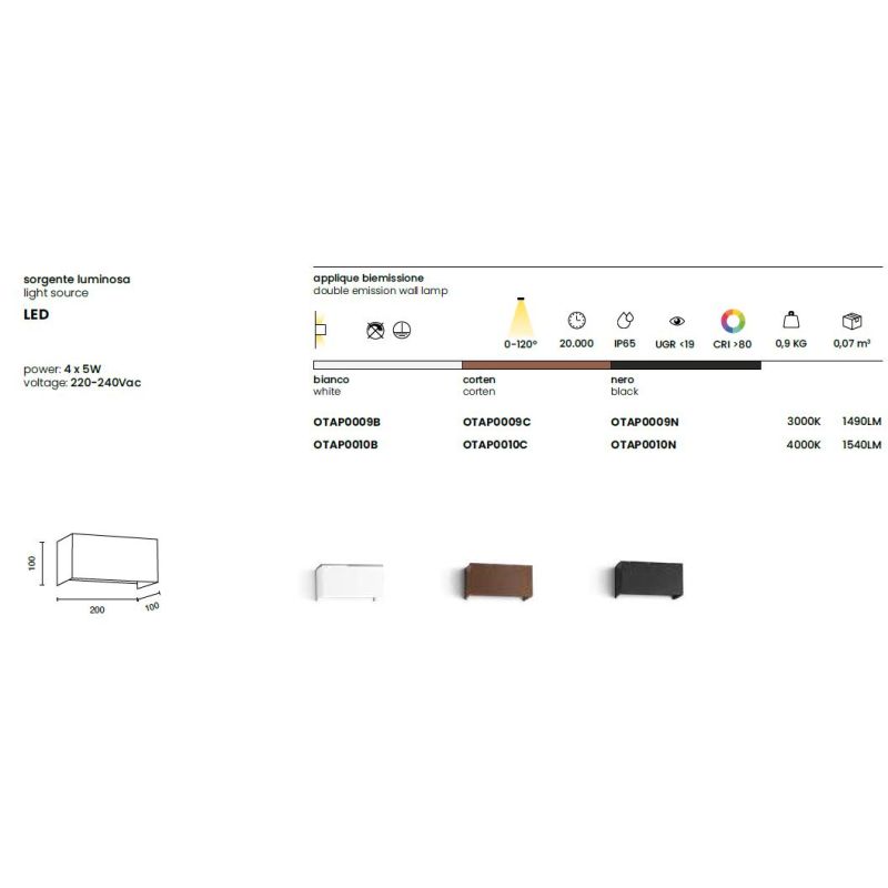 DOUBLE CUBE APPLIQUE DA ESTERNO IP65 BIEMISSIONE DI LUCE LED 20W LUCE 3000K-4000K 3 COLORI MODERNA