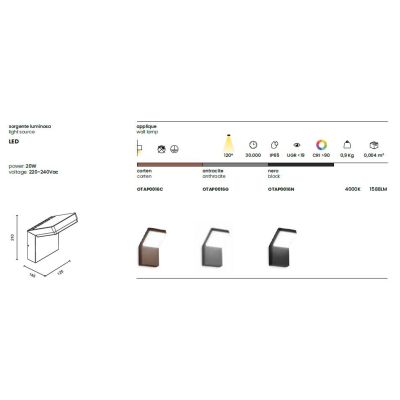 NINJA APPLIQUE DA ESTERNO IP65 LED 20W LUCE 4000K CORTEN, ANTRACITE E NERA DESIGN MODERNO