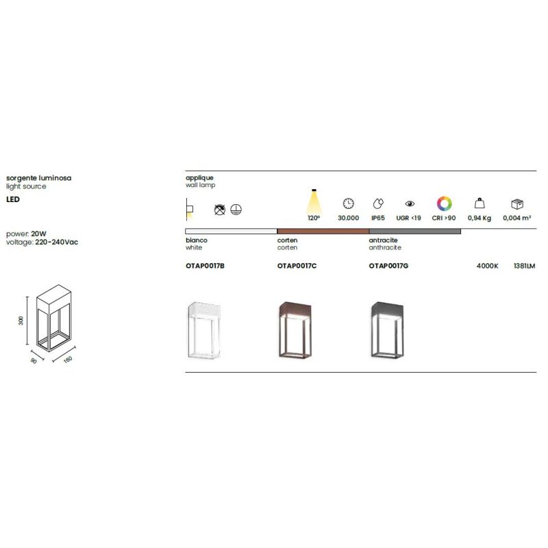 GHITA APPLIQUE DA ESTERNO IP65 LED 20W LUCE 4000K CORTEN, ANTRACITE E BIANCO DESIGN MODERNO