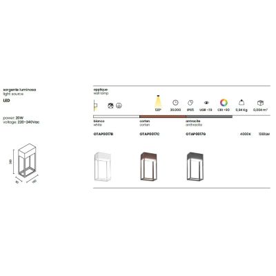 GHITA APPLIQUE DA ESTERNO IP65 LED 20W LUCE 4000K CORTEN, ANTRACITE E BIANCO DESIGN MODERNO