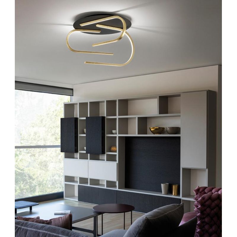 GLIFO PLAFONIERA IN FOGLIA ORO CON BASE NERA LED 80W LUCE 2700K-3000K-4000K DIAMETRO CM 65 MODERNA