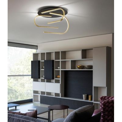 GLIFO PLAFONIERA IN FOGLIA ORO CON BASE NERA LED 80W LUCE 2700K-3000K-4000K DIAMETRO CM 65 MODERNA