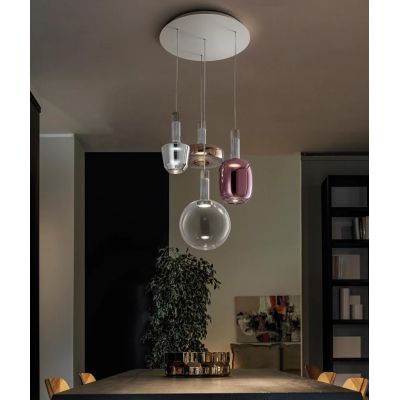 ECLETTICA SOSPENSIONE ROTONDA 4 LUCI D44 CM BIANCA CON DIFFUSORI IN VETRO COLORATO MODERNA