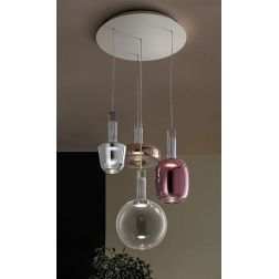 ECLETTICA SOSPENSIONE ROTONDA 4 LUCI D44 CM BIANCA CON DIFFUSORI IN VETRO COLORATO MODERNA