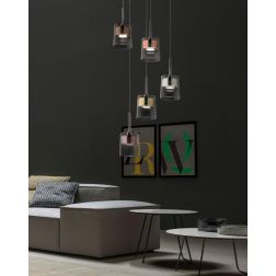 CHARME LAMPADARIO A SOSPENSIONE ROTONDO 5 LUCI D44 CM BIANCA CON DIFFUSORI IN VETRO COLORATO 2