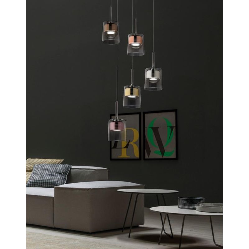 CHARME LAMPADARIO A SOSPENSIONE ROTONDO 5 LUCI D44 CM BIANCA CON DIFFUSORI IN VETRO COLORATO