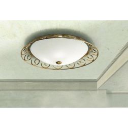 4370 PLAFONIERA DIAMETRO 65 CM IN FERRO BATTUTO FINITURA ORO INVECCHIATO CON VETRO CREMA SATINATO LAM EXPORT - Cristalensi Shop