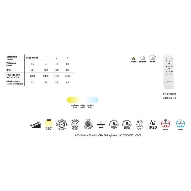 GROENLAND VENTILATORE D80 CM 3 PALE LED 24W DIMMERABILE 2 FINITURE COLORE CON TELECOMANDO INCLUSO