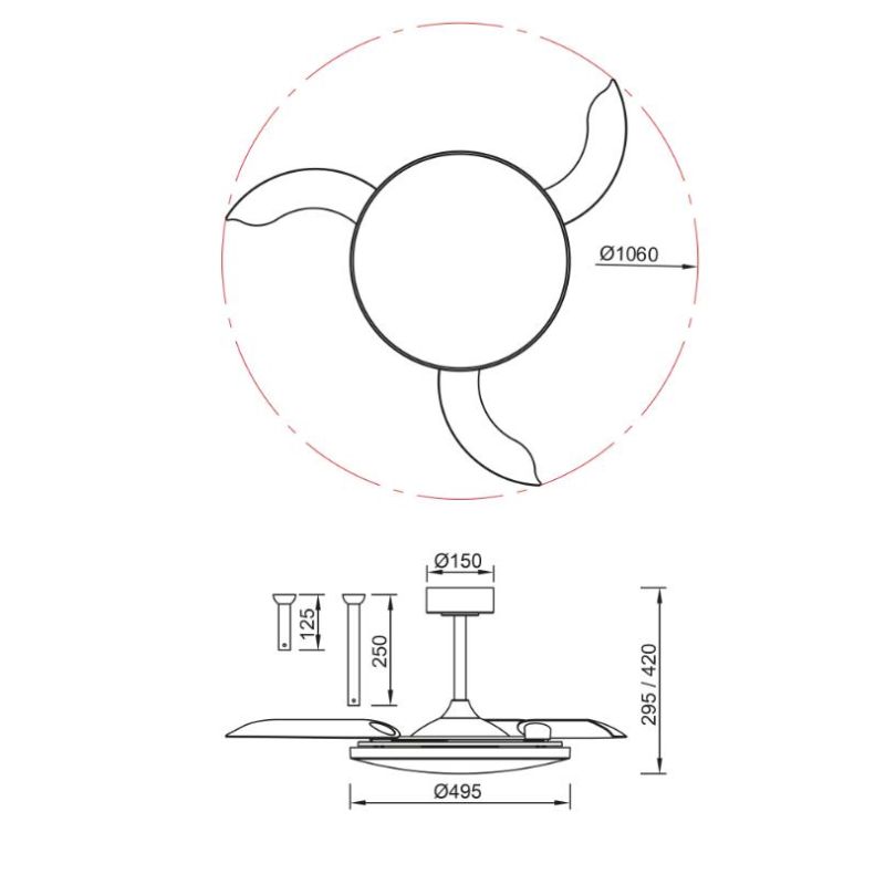SLIM FAN VENTILATORE CON PALE A SCOMPARSA D106 CM LED 50W DIMMERABILE 3 COLORI CON TELECOMANDO INCLUSO