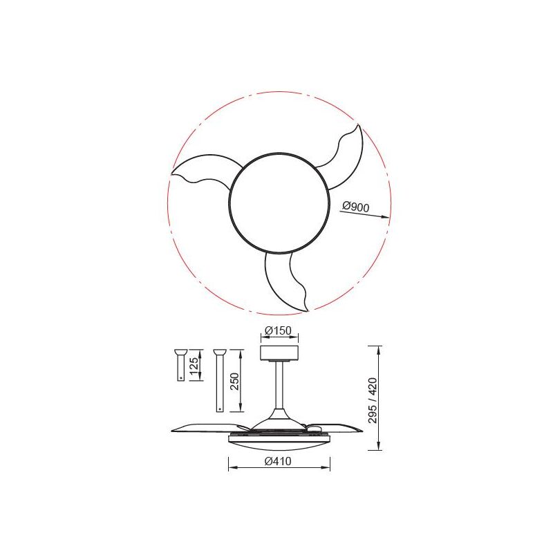 SLIM FAN MINI VENTILATORE CON PALE A SCOMPARSA D90 CM LED 45W DIMMERABILE 3 COLORI CON TELECOMANDO INCLUSO