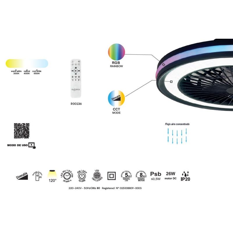 GAMER BIG VENTILATORE MODERNO LED 60W DIMMERABILE TECNOLOGIA RGB TELECOMANDO INCLUSO 2 COLORI