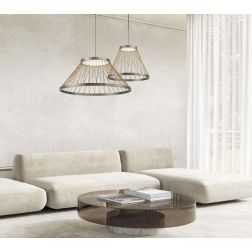 SPIDER LAMPADARIO D40 E D60 CM LED INTEGRATO LUCE 3000K IN ALLUMINIO GRIGIO CON FILI IN TESSUTO ORO DESIGN MODERNO