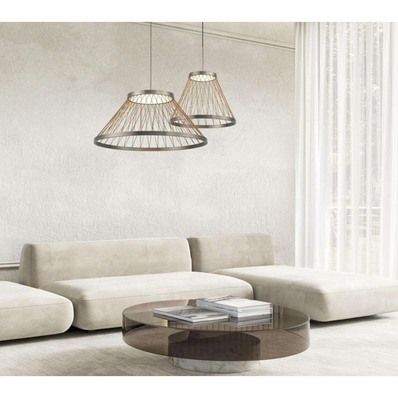 SPIDER LAMPADARIO D40 E D60 CM LED INTEGRATO LUCE 3000K IN ALLUMINIO GRIGIO CON FILI IN TESSUTO ORO DESIGN MODERNO