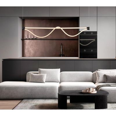 FUGAZ SOSPENSIONE SINUOSA LED 38W LUCE 3000K ALLUMINIO ORO O NERO CON TUBO LUMINOSO DESIGN MODERNO