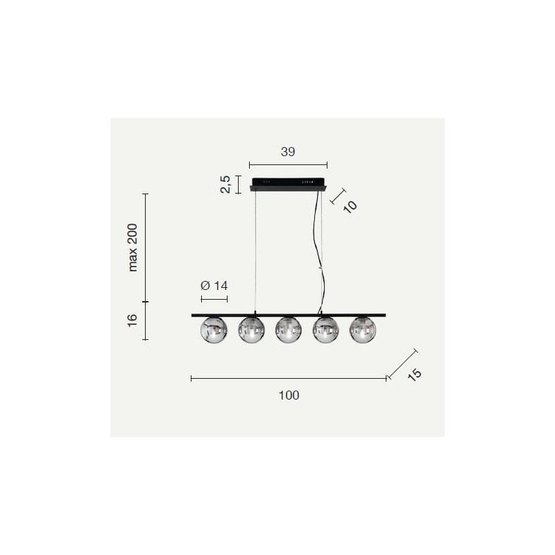 MONILE SOSPENSIONE MODERNA IN METALLO NERO CON 5 SFERE IN VETRO SOFFIATO BIANCO ONDALUCE CICIRIELLO - Cristalensi