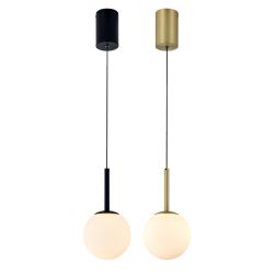 PUEBLA SOSPENSIONE SINGOLA SALISCENDI NERA O ORO CON SFERA BIANCA D12 CM LED 9W LUCE 3000K DESIGN MODERNO