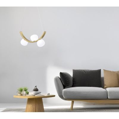 SUNSET SOSPENSIONE 3 LUCI ORO CON SFERE IN VETRO BIANCO LED 18W LUCE 3000K DIMMERABILE DESIGN MODERNO
