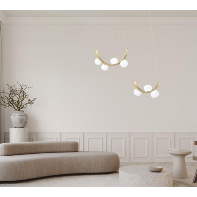 SUNSET SOSPENSIONE 3 LUCI ORO CON SFERE IN VETRO BIANCO LED 18W LUCE 3000K DIMMERABILE DESIGN MODERNO