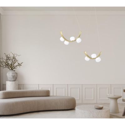 SUNSET SOSPENSIONE 3 LUCI ORO CON SFERE IN VETRO BIANCO LED 18W LUCE 3000K DIMMERABILE DESIGN MODERNO