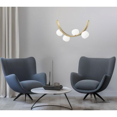 SUNSET SOSPENSIONE 4 LUCI ORO CON SFERE IN VETRO BIANCO LED 24W LUCE 3000K DIMMERABILE DESIGN MODERNO