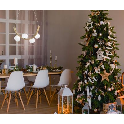 SUNSET SOSPENSIONE 4 LUCI ORO CON SFERE IN VETRO BIANCO LED 24W LUCE 3000K DIMMERABILE DESIGN MODERNO