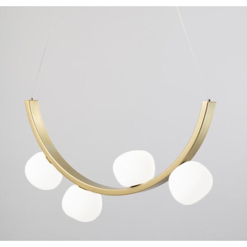 SUNSET SOSPENSIONE 4 LUCI ORO CON SFERE IN VETRO BIANCO LED 24W LUCE 3000K DIMMERABILE DESIGN MODERNO