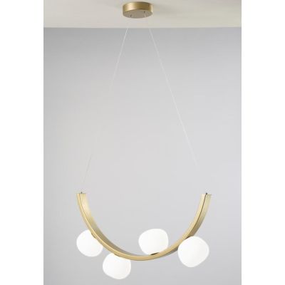 SUNSET SOSPENSIONE 4 LUCI ORO CON SFERE IN VETRO BIANCO LED 24W LUCE 3000K DIMMERABILE DESIGN MODERNO