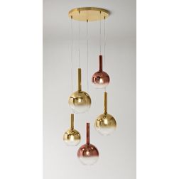 LOLLIPOP SOSPENSIONE ROTONDA 5 LUCI OTTONE CON DIFFUSORI A SFERA IN VETRO COLORATO LAMPADINE E27 MODERNA