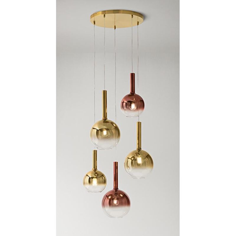 LOLLIPOP SOSPENSIONE ROTONDA 5 LUCI OTTONE CON DIFFUSORI A SFERA IN VETRO COLORATO LAMPADINE E27 MODERNA