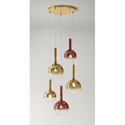LOLLIPOP SOSPENSIONE ROTONDA 5 LUCI OTTONE CON DIFFUSORI A SFERA IN VETRO COLORATO LAMPADINE E27 MODERNA