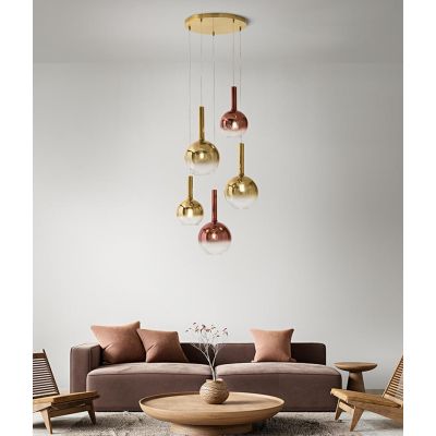 LOLLIPOP SOSPENSIONE ROTONDA 5 LUCI OTTONE CON DIFFUSORI A SFERA IN VETRO COLORATO LAMPADINE E27 MODERNA