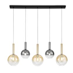 LOLLIPOP SOSPENSIONE RETTANGOLARE 5 LUCI NERA CON DIFFUSORI A SFERA IN VETRO COLORATO LAMPADINE E27 MODERNA