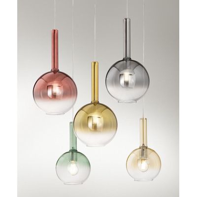 LOLLIPOP SOSPENSIONE ROTONDA 5 LUCI OTTONE CON DIFFUSORI A SFERA IN VETRO COLORATO LAMPADINE E27 MODERNA
