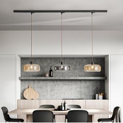 ANIMA SOSPENSIONE LINEARE CON BINARIO NERO CM 200 DIFFUSORI IN VETRO COLORATO LAMPADINE ATTACCO E27 MODERNA 2