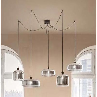 ANIMA SOSPENSIONE DECENTRATA CON 5 LUCI IN VETRO SOFFIATO COLORATO LAMPADINE ATTACCO E27 MODERNA