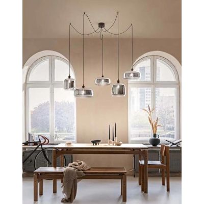 ANIMA SOSPENSIONE DECENTRATA CON 5 LUCI IN VETRO SOFFIATO COLORATO LAMPADINE ATTACCO E27 MODERNA