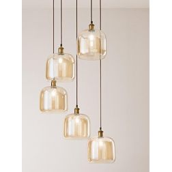 ANIMA SOSPENSIONE 5 LUCI FINITURA OTTONE CON DIFFUSORI IN VETRO SOFFIATO AMBRA LAMPADINE ATTACCO E27 MODERNA 2