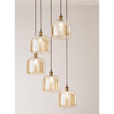 ANIMA SOSPENSIONE 5 LUCI FINITURA OTTONE CON DIFFUSORI IN VETRO SOFFIATO AMBRA LAMPADINE ATTACCO E27 MODERNA