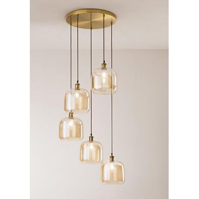 ANIMA SOSPENSIONE 5 LUCI FINITURA OTTONE CON DIFFUSORI IN VETRO SOFFIATO AMBRA LAMPADINE ATTACCO E27 MODERNA