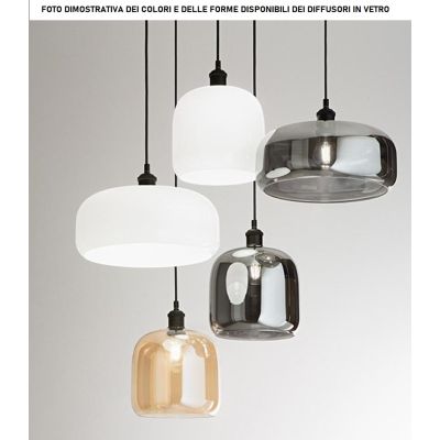 ANIMA SOSPENSIONE 5 LUCI FINITURA OTTONE CON DIFFUSORI IN VETRO SOFFIATO AMBRA LAMPADINE ATTACCO E27 MODERNA