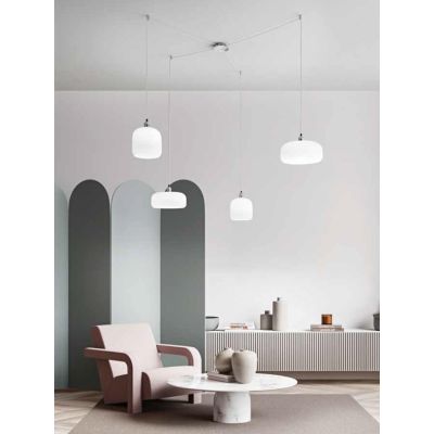 ANIMA SOSPENSIONE DECENTRATA CON 4 LUCI IN VETRO SOFFIATO BIANCO LAMPADINE ATTACCO E27 MODERNA