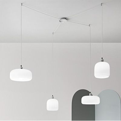 ANIMA SOSPENSIONE DECENTRATA CON 4 LUCI IN VETRO SOFFIATO BIANCO LAMPADINE ATTACCO E27 MODERNA