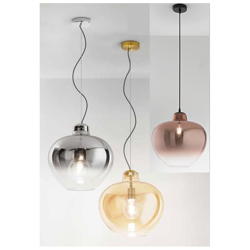BOWL SOSPENSIONE SINGOLA CON SFERA IN VETRO SFUMATO AMBRA,RAME E FUME LAMPADINA ATTACCO E27