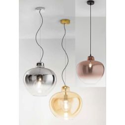 BOWL SOSPENSIONE SINGOLA CON SFERA IN VETRO SFUMATO AMBRA,RAME E FUME LAMPADINA ATTACCO E27