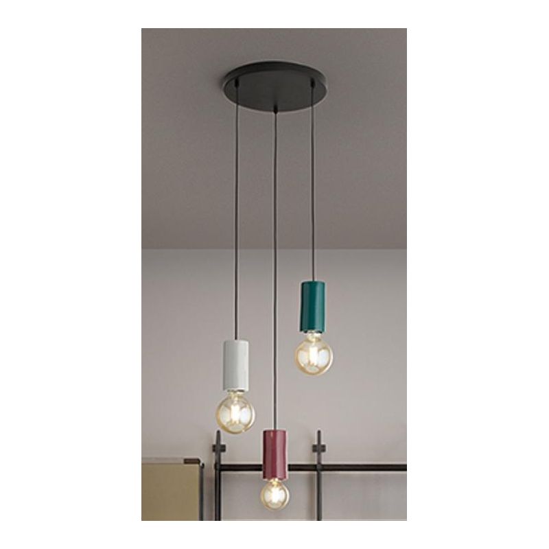 IDEA SOSPENSIONE 3 LUCI ROTONDA D35 CM IN METALLO NERO E CERAMICA CON LAMPADINE ATTACCO E27 DESIGN MODERNO