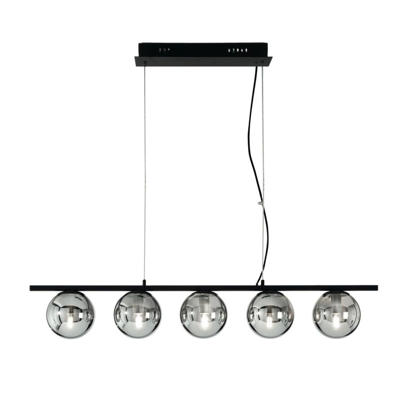 MONILE SOSPENSIONE MODERNA IN METALLO NERO CON 5 SFERE IN VETRO SOFFIATO BIANCO ONDALUCE CICIRIELLO - Cristalensi