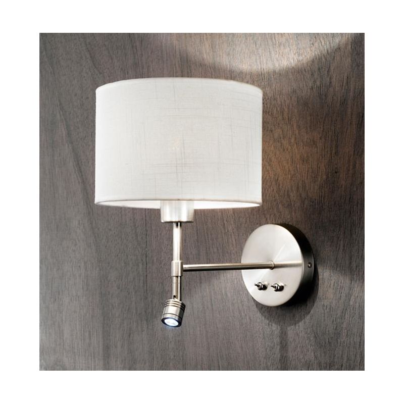 ROUND HOTEL APPLIQUE CROMO CON LUCE DA LETTURA E PARALUME IN TESSUTO BIANCO LAMPADINA E27 + LED 1W