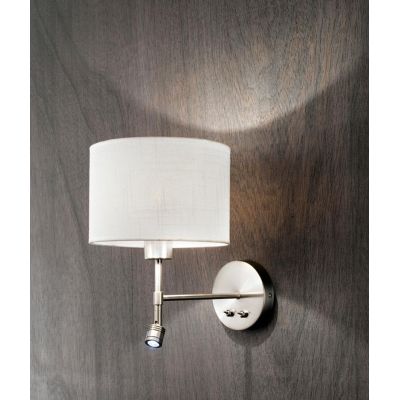 ROUND HOTEL APPLIQUE CROMO CON LUCE DA LETTURA E PARALUME IN TESSUTO BIANCO LAMPADINA E27 + LED 1W