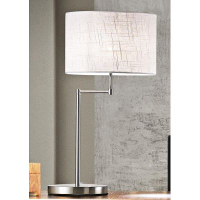 ROUND HOTEL LAMPADA DA TAVOLO CROMO CON PARALUME IN TESSUTO BIANCO LAMPADINA E27 DESIGN MODERNO